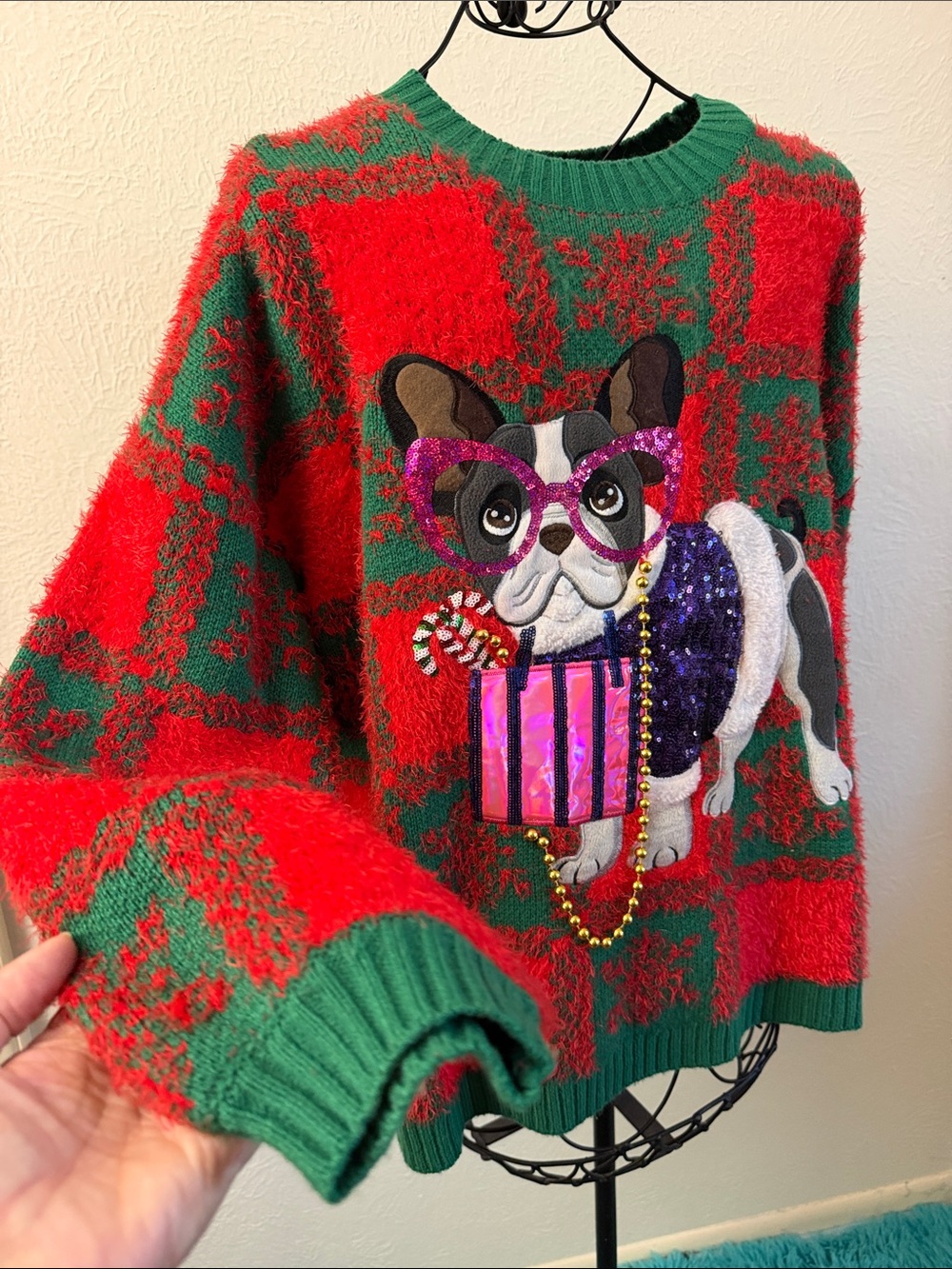 Festive Red & Green Women’s Holiday Sweater with Sequin Dog Motif - Picture 5 of 9